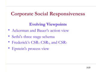 2-23
Corporate Social Responsiveness
Evolving Viewpoints
• Ackerman and Bauer’s action view
• Sethi’s three stage schema
• Frederick’s CSR1, CSR2, and CSR3
• Epstein’s process view
 