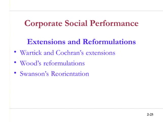 2-25
Corporate Social Performance
Extensions and Reformulations
• Wartick and Cochran’s extensions
• Wood’s reformulations
• Swanson’s Reorientation
 