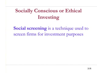 2-31
Socially Conscious or Ethical
Investing
Social screening is a technique used to
screen firms for investment purposes
 