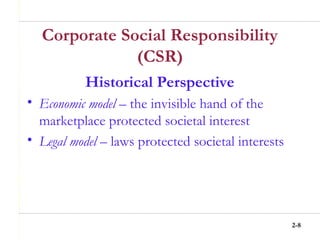 2-8
Corporate Social Responsibility
(CSR)
Historical Perspective
• Economic model – the invisible hand of the
marketplace protected societal interest
• Legal model – laws protected societal interests
 