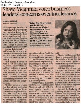 Shaw, Meghnad voice business leaders' concerns over intolerance