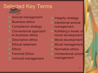 Selected Key Terms
   Amoral management       Integrity strategy
   Business ethics         Intentional amoral
   Compliance strategy     management
   Conventional approach   Kohlberg’s levels of
   to business ethics      moral development
   Descriptive ethics      Moral development
   Ethical relativism      Moral management
   Ethics                  Normative ethics
   Feminist Ethics         Unintentional amoral
   Immoral management      management

                                           27
 