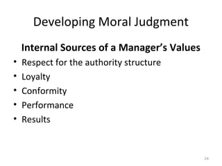 Developing Moral Judgment
    Internal Sources of a Manager’s Values
•   Respect for the authority structure
•   Loyalty
•   Conformity
•   Performance
•   Results


                                             24
 
