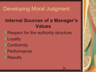 Developing Moral Judgment 
Internal Sources of a Manager’s 
24 
Values 
Respect for the authority structure 
Loyalty 
Conformity 
Performance 
Results 
 