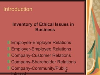 4 
Introduction 
Inventory of Ethical Issues in 
Business 
Employee-Employer Relations 
Employer-Employee Relations 
Company-Customer Relations 
Company-Shareholder Relations 
Company-Community/Public 
Interest 
 