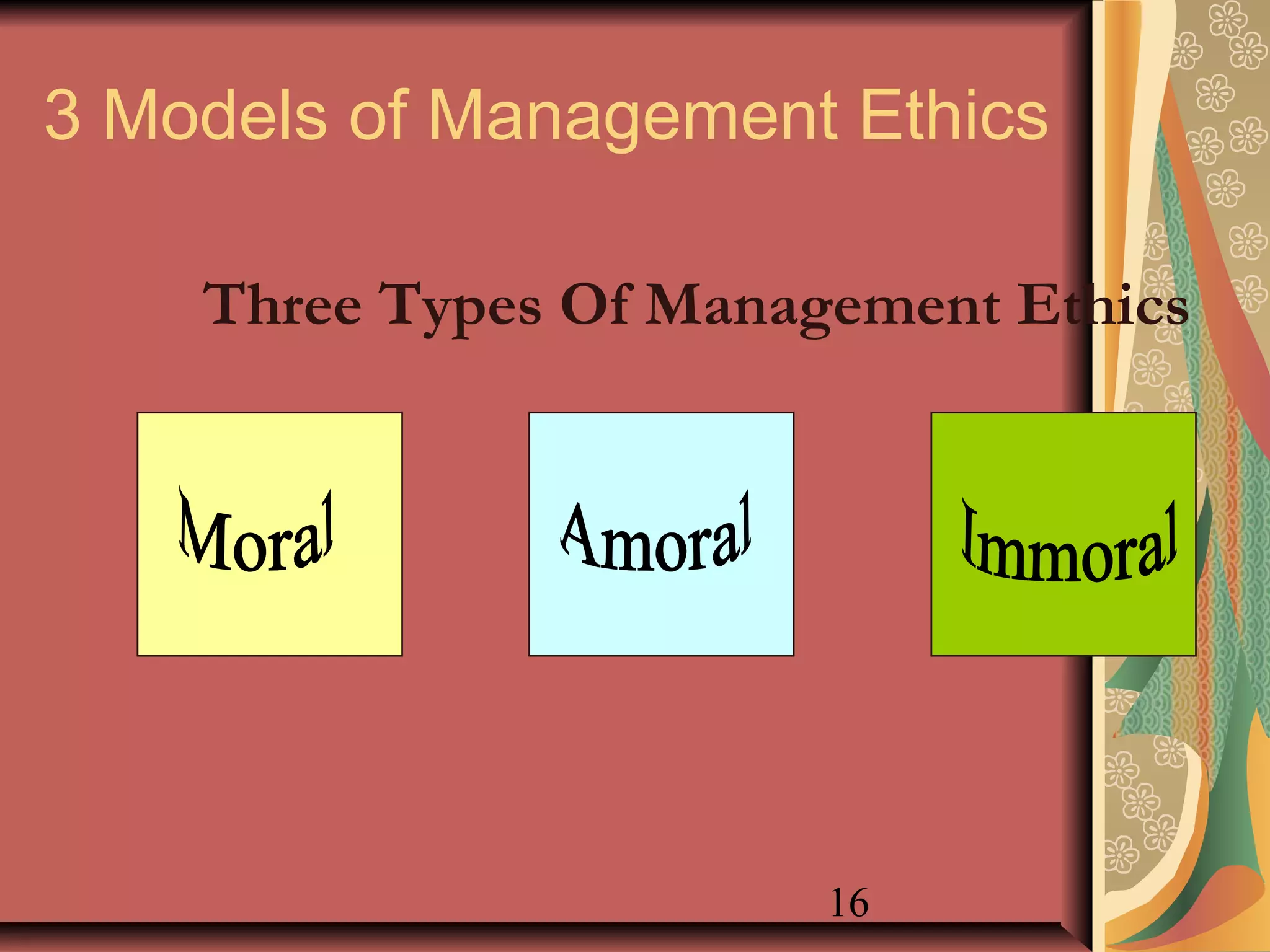 16
3 Models of Management Ethics
Three Types Of Management Ethics
 