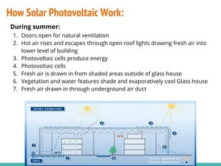 How Solar Photovoltaic Work:
During summer:
1. Doors open for natural ventilation
2. Hot air rises and escapes through open roof lights drawing fresh air into
lower level of building
3. Photovoltaic cells produce energy
4. Photovoltaic cells
5. Fresh air is drawn in from shaded areas outside of glass house
6. Vegetation and water features shade and evaporatively cool Glass house
7. Fresh air drawn in through underground air duct
 