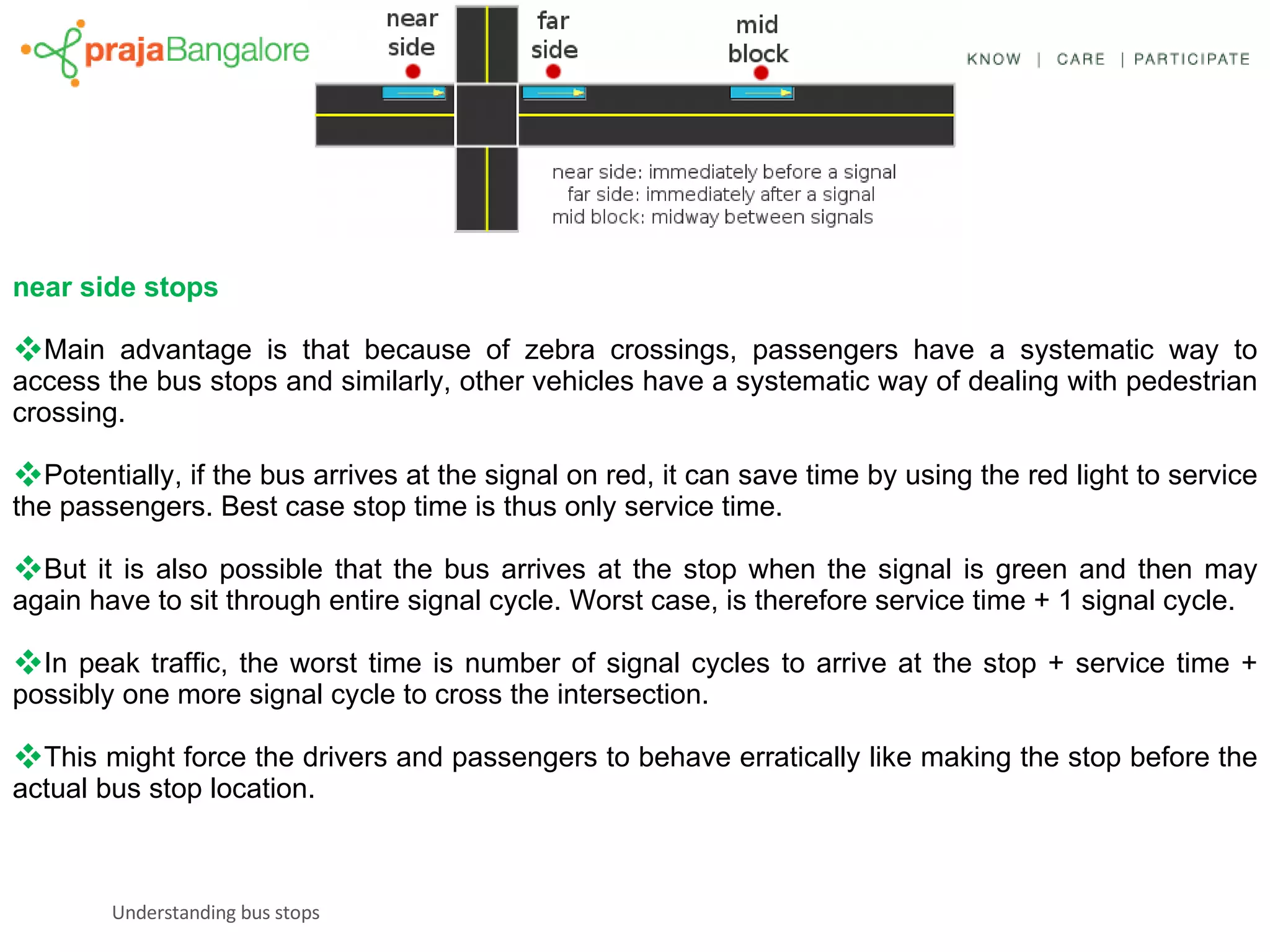near side stops Main advantage is that because of zebra crossings, passengers have a systematic way to access the bus stops and similarly, other vehicles have a systematic way of dealing with pedestrian crossing. Potentially, if the bus arrives at the signal on red, it can save time by using the red light to service the passengers. Best case stop time is thus only service time.  But it is also possible that the bus arrives at the stop when the signal is green and then may again have to sit through entire signal cycle. Worst case, is therefore service time + 1 signal cycle.  In peak traffic, the worst time is number of signal cycles to arrive at the stop + service time + possibly one more signal cycle to cross the intersection. This might force the drivers and passengers to behave erratically like making the stop before the actual bus stop location. 