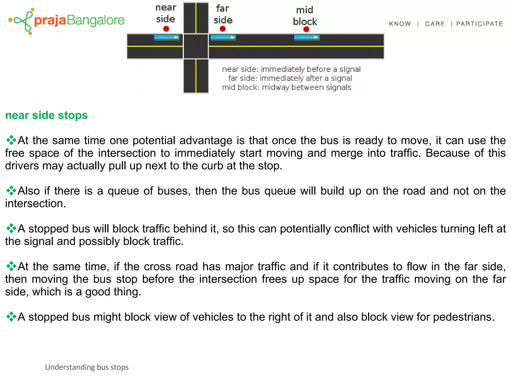 near side stops At the same time one potential advantage is that once the bus is ready to move, it can use the free space of the intersection to immediately start moving and merge into traffic. Because of this drivers may actually pull up next to the curb at the stop. Also if there is a queue of buses, then the bus queue will build up on the road and not on the intersection. A stopped bus will block traffic behind it, so this can potentially conflict with vehicles turning left at the signal and possibly block traffic. At the same time, if the cross road has major traffic and if it contributes to flow in the far side, then moving the bus stop before the intersection frees up space for the traffic moving on the far side, which is a good thing.  A stopped bus might block view of vehicles to the right of it and also block view for pedestrians. 