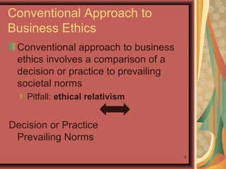Conventional Approach to
Business Ethics
Conventional approach to business
ethics involves a comparison of a
decision or practice to prevailing
societal norms
Pitfall: ethical relativism

Decision or Practice
Prevailing Norms
9

 
