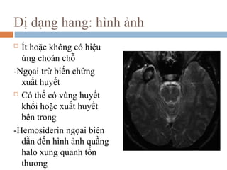 Dị dạng hang: hình ảnh
 Ít hoặc không có hiệu
ứng choán chỗ
-Ngọai trừ biến chứng
xuất huyết
 Có thể có vùng huyết
khối hoặc xuất huyết
bên trong
-Hemosiderin ngọai biên
dẫn đến hình ảnh quầng
halo xung quanh tổn
thương
 