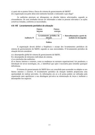 c) quais são os pontos fortes e fracos do sistema de gerenciamento de S&SO?
d) a organização (ou parte dela) está realmente fazendo e realizando o que alega?
        As auditorias precisam ser abrangentes ou abordar tópicos selecionados, segundo as
circunstâncias. Os seus resultados devem ser informados a todas as pessoas relevantes e as ações
corretivas tomadas, conforme as necessidades.

4.6- HS Levantamento periódico da situação
                                 Fatores             Fatores
                                 internos             externos
                                    ↓                      ↓
                                   Levantamento periódico da       ← Retroalimentação a partir da
                 Auditoria →               situação                      medição de desempenho
                                               ↓
                                           Política

       A organização deverá definir a freqüência e escopo dos levantamentos periódicos do
sistema de gerenciamento de S&SO, segundo as suas necessidades. O levantamento periódico da
situação deverá considerar:
a) o desempenho global do sistema de gerenciamento de S&SO;
b) o desempenho de elementos individuais do sistema;
c) as conclusões das auditorias;
d) os fatores internos e externos, como as mudanças na estrutura organizacional, leis pendentes, a
introdução de novas tecnologias, etc., e identificar que ação é necessária para remediar quaisquer
deficiências.
       O sistema de gerenciamento de S&SO deve ser concebido para acomodar ou adaptar-se aos
fatores internos e externos. O levantamento periódico da situação também proporciona uma
oportunidade de realizar previsões. As informações em a) a d) acima podem ser utilizadas pela
organização para aperfeiçoar a sua abordagem pró-ativa na minimização de riscos e melhorar o
desempenho nos negócios.




                                                18
 