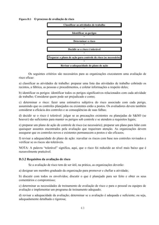 Figura D.1   O processo de avaliação de risco
                                     Classificar as atividades de trabalho
                                                      ↓
                                            Identificar os perigos
                                                     ↓
                                              Determinar o risco
                                                       ↓
                                         Decidir se o risco é tolerável
                                                     ↓
                        Preparar o plano de ação para controle de risco (se necessário)
                                                     ↓
                                  Revisar a adequacidade do plano de ação


        Os seguintes critérios são necessários para as organizações executarem uma avaliação de
risco eficaz:
a) classificar as atividades de trabalho: preparar uma lista das atividades de trabalho cobrindo os
recintos, a fábrica, as pessoas e procedimentos, e coletar informações a respeito deles;
b) identificar os perigos: identificar todos os perigos significativos relacionados com cada atividade
de trabalho. Considerar quem pode ser prejudicado e como;
c) determinar o risco: fazer uma estimativa subjetiva do risco associado com cada perigo,
assumindo que os controles planejados ou existentes estão a postos. Os avaliadores devem também
considerar a eficácia dos controles e as conseqüências de suas falhas;
d) decidir se o risco é tolerável: julgar se as precauções existentes ou planejadas de S&SO (se
houver) são suficientes para manter os perigos sob controle e se atendem a requisitos legais;
e) preparar um plano de ação de controle de risco (se necessário); preparar um plano para lidar com
quaisquer assuntos encontrados pela avaliação que requeiram atenção. As organizações devem
assegurar que os controles novos e existentes permanecem a postos e são eficazes;
f) revisar a adequacidade do plano de ação: reavaliar os riscos com base nos controles revisados e
verificar se os riscos são toleráveis.
NOTA: A palavra “tolerável” significa, aqui, que o risco foi reduzido ao nível mais baixo que é
razoavelmente praticável.

D.3.2 Requisitos da avaliação de risco
       Se a avaliação de risco tem de ser útil, na prática, as organizações deverão:
a) designar um membro graduado da organização para promover e chefiar a atividade;
b) discutir com todos os envolvidos; discutir o que é planejado para ser feito e obter os seus
comentários e compromisso;
c) determinar as necessidades de treinamento de avaliação de risco e para o pessoal ou equipes de
avaliação e implementar um programa de treinamento adequado;
d) revisar a adequacidade da avaliação; determinar se a avaliação é adequada e suficiente; ou seja,
adequadamente detalhada e rigorosa;

                                                    43
 