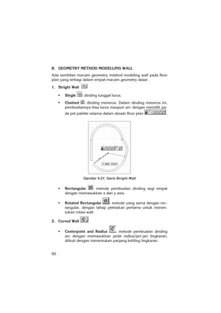 90
B. GEOMETRY METHOD MODELLING WALL
Ada sembilan macam geometry method modeling wall pada floor
plan yang terbagi dalam empat macam geometry dasar.
1. Stright Wall
Single : dinding tunggal lurus.
Chained : dinding menerus. Dalam dinding menerus ini,
pembuatannya bisa lurus maupun arc dengan memilih pa-
da pet palette selama dalam desain floor plan .
Gambar 4.21. Garis Stright Wall
Rectangular : metode pembuatan dinding segi empat
dengan memasukkan x dan y axis.
Rotated Rectangular : metode yang sama dengan rec-
tangular, dengan tahap peletakan pertama untuk menen-
tukan rotasi wall.
2. Curved Wall
Centerpoint and Radius : metode pembuatan dinding
arc dengan memasukkan jarak radius/jari-jari lingkaran,
diikuti dengan menentukan panjang keliling lingkaran.
 