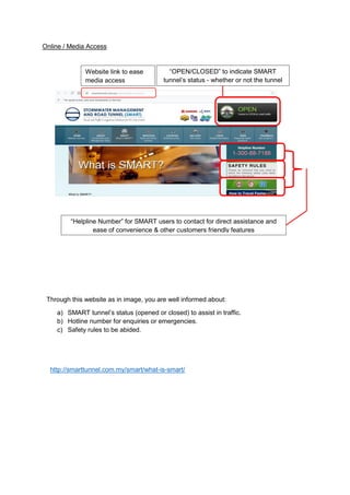 Online / Media Access
Through this website as in image, you are well informed about:
a) SMART tunnel’s status (opened or closed) to assist in traffic.
b) Hotline number for enquiries or emergencies.
c) Safety rules to be abided.
http://smarttunnel.com.my/smart/what-is-smart/
Website link to ease
media access
“OPEN/CLOSED” to indicate SMART
tunnel’s status - whether or not the tunnel
is avaialble at the moment
“Helpline Number” for SMART users to contact for direct assistance and
ease of convenience & other customers friendly features
 