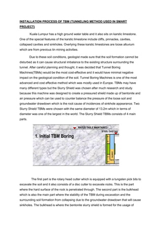 INSTALLATION PROCESS OF TBM (TUNNELING METHOD USED IN SMART
PROJECT)
Kuala Lumpur has a high ground water table and it also sits on karstic limestone.
One of the special features of the karstic limestone include cliffs, pinnacles, cavities,
collapsed cavities and sinkholes. Overlying these karstic limestones are loose alluvium
which are from previous tin mining activities.
Due to these soil conditions, geologist made sure that the soil formation cannot be
disturbed as it can cause structural imbalance to the existing structure surrounding the
tunnel. After careful planning and thought, it was decided that Tunnel Boring
Machines(TBMs) would be the most cost-effective and it would have minimal negative
impact on the geological condition of the soil. Tunnel Boring Machines is one of the most
advanced and cost effective method which was mostly used in Europe. TBMs may have
many different types but the Slurry Shield was chosen after much research and study
because this machine was designed to create a pressured shield made up of bentonite and
air pressure which can be used to counter balance the pressure of the loose soil and
groundwater drawdown which is the root cause of incidences of sinkhole appearance. Two
Slurry Shield TBMs were chosen with the same diameter of 13.2m which in terms of
diameter was one of the largest in the world. The Slurry Shield TBMs consists of 4 main
parts.
The first part is the rotary head cutter which is equipped with a tungsten pick bits to
excavate the soil and it also consists of a disc cutter to excavate rocks. This is the part
where the hard surface of the rock is penetrated through. The second part is the bulkhead
which is also the main part where the stability of the TBM during excavation and the
surrounding soil formation from collapsing due to the groundwater drawdown that will cause
sinkholes. The bulkhead is where the bentonite slurry shield is formed for the usage of
 