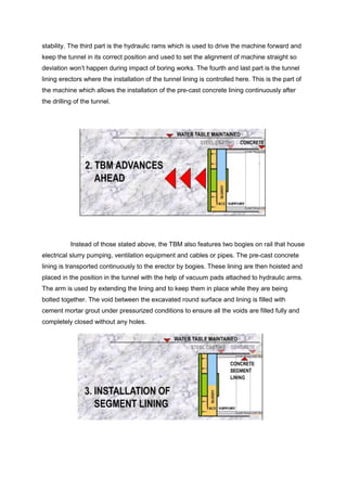 stability. The third part is the hydraulic rams which is used to drive the machine forward and
keep the tunnel in its correct position and used to set the alignment of machine straight so
deviation won’t happen during impact of boring works. The fourth and last part is the tunnel
lining erectors where the installation of the tunnel lining is controlled here. This is the part of
the machine which allows the installation of the pre-cast concrete lining continuously after
the drilling of the tunnel.
Instead of those stated above, the TBM also features two bogies on rail that house
electrical slurry pumping, ventilation equipment and cables or pipes. The pre-cast concrete
lining is transported continuously to the erector by bogies. These lining are then hoisted and
placed in the position in the tunnel with the help of vacuum pads attached to hydraulic arms.
The arm is used by extending the lining and to keep them in place while they are being
bolted together. The void between the excavated round surface and lining is filled with
cement mortar grout under pressurized conditions to ensure all the voids are filled fully and
completely closed without any holes.
 