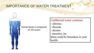 human body is composed
of 70% water
IMPORTANCE OF WATER TREATMENT
Unfiltered water contains
- chlorine
- fluoride
- dioxins
- parasites, etc.
those could be hazardous to your
health.
 