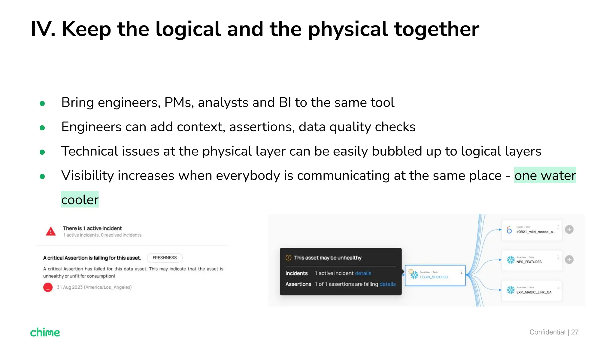IV. Keep the logical and the physical together
Confidential | 27
● Bring engineers, PMs, analysts and BI to the same tool
● Engineers can add context, assertions, data quality checks
● Technical issues at the physical layer can be easily bubbled up to logical layers
● Visibility increases when everybody is communicating at the same place - one water
cooler
 