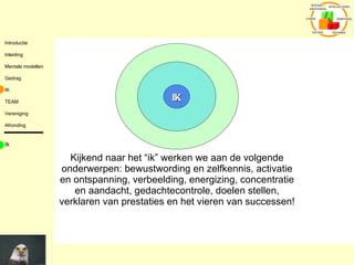 Kijkend naar het “ik” werken we aan de volgende onderwerpen: bewustwording en zelfkennis, activatie en ontspanning, v erbeelding, energizing, c oncentratie en aandacht, gedachtecontrole, doelen stellen, v erklaren van prestaties en het vieren van successen! Ik IK 