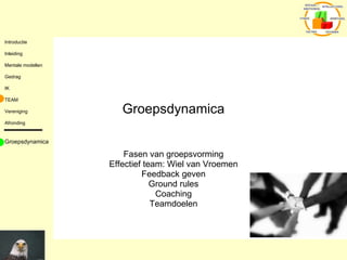 Groepsdynamica Fasen van groepsvorming Effectief team: Wiel van Vroemen Feedback geven Ground rules Coaching Teamdoelen Groepsdynamica 