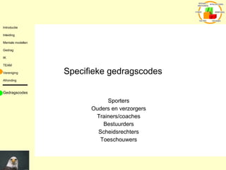 Specifieke gedragscodes Sporters Ouders en verzorgers Trainers/coaches Bestuurders Scheidsrechters Toeschouwers Gedragscodes 