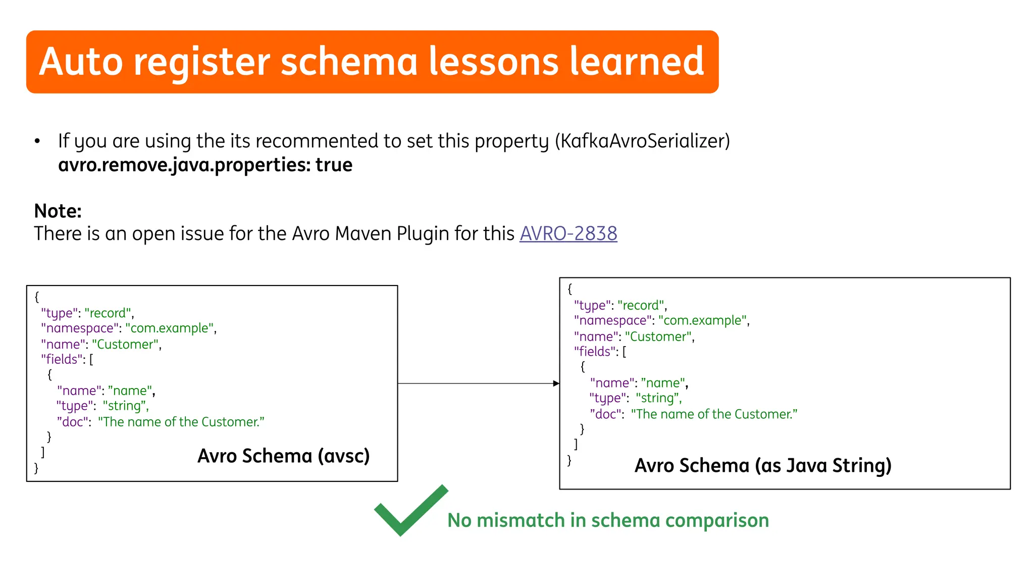 Auto register schema lessons learned
• If you are using the its recommented to set this property (KafkaAvroSerializer)
avro.remove.java.properties: true
Note:
There is an open issue for the Avro Maven Plugin for this AVRO-2838
{
"type": "record",
"namespace": "com.example",
"name": "Customer",
"fields": [
{
"name": ”name",
"type": "string”,
”doc": "The name of the Customer.”
}
]
}
{
"type": "record",
"namespace": "com.example",
"name": "Customer",
"fields": [
{
"name": ”name",
"type": "string”,
”doc": "The name of the Customer.”
}
]
}
No mismatch in schema comparison
Avro Schema (avsc) Avro Schema (as Java String)
 