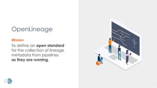 7
To define an open standard
for the collection of lineage
metadata from pipelines
as they are running.
OpenLineage
Mission
 
