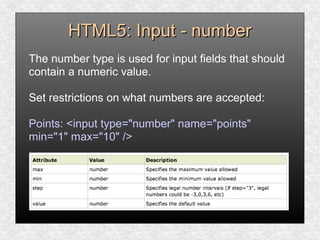 HTML5: Input - numberHTML5: Input - number
The number type is used for input fields that should
contain a numeric value.
Set restrictions on what numbers are accepted:
Points: <input type="number" name="points"
min="1" max="10" />
 