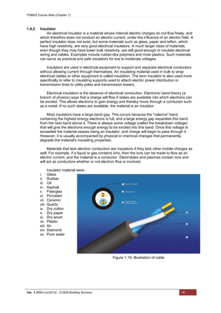 PSMZA Course Note (Chapter 1)
Ver. 1 (MSH-Jun2013): CC608 Building Services 18
1.4.2 Insulator
An electrical insulator is a material whose internal electric charges do not flow freely, and
which therefore does not conduct an electric current, under the influence of an electric field. A
perfect insulator does not exist, but some materials such as glass, paper and teflon, which
have high resistivity, are very good electrical insulators. A much larger class of materials,
even though they may have lower bulk resistivity, are still good enough to insulate electrical
wiring and cables. Examples include rubber-like polymers and most plastics. Such materials
can serve as practical and safe insulators for low to moderate voltages.
Insulators are used in electrical equipment to support and separate electrical conductors
without allowing current through themselves. An insulating material used in bulk to wrap
electrical cables or other equipment is called insulation. The term insulator is also used more
specifically to refer to insulating supports used to attach electric power distribution or
transmission lines to utility poles and transmission towers.
Electrical insulation is the absence of electrical conduction. Electronic band theory (a
branch of physics) says that a charge will flow if states are available into which electrons can
be excited. This allows electrons to gain energy and thereby move through a conductor such
as a metal. If no such states are available, the material is an insulator.
Most insulators have a large band gap. This occurs because the "valence" band
containing the highest energy electrons is full, and a large energy gap separates this band
from the next band above it. There is always some voltage (called the breakdown voltage)
that will give the electrons enough energy to be excited into this band. Once this voltage is
exceeded the material ceases being an insulator, and charge will begin to pass through it.
However, it is usually accompanied by physical or chemical changes that permanently
degrade the material's insulating properties.
Materials that lack electron conduction are insulators if they lack other mobile charges as
well. For example, if a liquid or gas contains ions, then the ions can be made to flow as an
electric current, and the material is a conductor. Electrolytes and plasmas contain ions and
will act as conductors whether or not electron flow is involved.
Insulator material were :
i. Glass
ii. Rubber
iii. Oil
iv. Asphalt
v. Fiberglas
vi. Porcelain
vii. Ceramic
viii. Quartz
ix. Dry cotton
x. Dry paper
xi. Dry wood
xii. Plastic
xiii. Air
xiv. Diamond
xv. Pure water
Figure 1.19: Illustration of cable
 