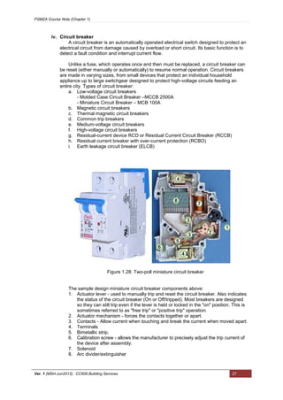 PSMZA Course Note (Chapter 1)
Ver. 1 (MSH-Jun2013): CC608 Building Services 27
iv. Circuit breaker
A circuit breaker is an automatically operated electrical switch designed to protect an
electrical circuit from damage caused by overload or short circuit. Its basic function is to
detect a fault condition and interrupt current flow.
Unlike a fuse, which operates once and then must be replaced, a circuit breaker can
be reset (either manually or automatically) to resume normal operation. Circuit breakers
are made in varying sizes, from small devices that protect an individual household
appliance up to large switchgear designed to protect high-voltage circuits feeding an
entire city. Types of circuit breaker:
a. Low-voltage circuit breakers
- Molded Case Circuit Breaker –MCCB 2500A
- Miniature Circuit Breaker – MCB 100A
b. Magnetic circuit breakers
c. Thermal magnetic circuit breakers
d. Common trip breakers
e. Medium-voltage circuit breakers
f. High-voltage circuit breakers
g. Residual-current device RCD or Residual Current Circuit Breaker (RCCB)
h. Residual current breaker with over-current protection (RCBO)
i. Earth leakage circuit breaker (ELCB)
The sample design miniature circuit breaker components above:
1. Actuator lever - used to manually trip and reset the circuit breaker. Also indicates
the status of the circuit breaker (On or Off/tripped). Most breakers are designed
so they can still trip even if the lever is held or locked in the "on" position. This is
sometimes referred to as "free trip" or "positive trip" operation.
2. Actuator mechanism - forces the contacts together or apart.
3. Contacts - Allow current when touching and break the current when moved apart.
4. Terminals
5. Bimetallic strip.
6. Calibration screw - allows the manufacturer to precisely adjust the trip current of
the device after assembly.
7. Solenoid
8. Arc divider/extinguisher
Figure 1.28: Two-poll miniature circuit breaker
 