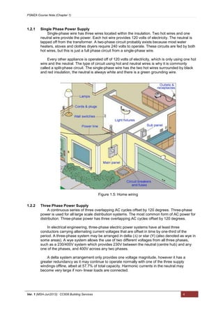 PSMZA Course Note (Chapter 1)
Ver. 1 (MSH-Jun2013): CC608 Building Services 4
1.2.1 Single Phase Power Supply
Single-phase wire has three wires located within the insulation. Two hot wires and one
neutral wire provide the power. Each hot wire provides 120 volts of electricity. The neutral is
tapped off from the transformer. A two-phase circuit probably exists because most water
heaters, stoves and clothes dryers require 240 volts to operate. These circuits are fed by both
hot wires, but this is just a full phase circuit from a single-phase wire.
Every other appliance is operated off of 120 volts of electricity, which is only using one hot
wire and the neutral. The type of circuit using hot and neutral wires is why it is commonly
called a split-phase circuit. The single-phase wire has the two hot wires surrounded by black
and red insulation, the neutral is always white and there is a green grounding wire.
1.2.2 Three Phase Power Supply
A continuous series of three overlapping AC cycles offset by 120 degrees. Three-phase
power is used for all large scale distribution systems. The most common form of AC power for
distribution. Three-phase power has three overlapping AC cycles offset by 120 degrees.
In electrical engineering, three-phase electric power systems have at least three
conductors carrying alternating current voltages that are offset in time by one-third of the
period. A three-phase system may be arranged in delta (∆) or star (Y) (also denoted as wye in
some areas). A wye system allows the use of two different voltages from all three phases,
such as a 230/400V system which provides 230V between the neutral (centre hub) and any
one of the phases, and 400V across any two phases.
A delta system arrangement only provides one voltage magnitude, however it has a
greater redundancy as it may continue to operate normally with one of the three supply
windings offline, albeit at 57.7% of total capacity. Harmonic currents in the neutral may
become very large if non- linear loads are connected.
Figure 1.5: Home wiring
 