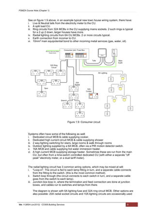 PSMZA Course Note (Chapter 1)
Ver. 1 (MSH-Jun2013): CC608 Building Services 8
See on figure 1.9 above, in an example typical new town house wiring system, there have:
i. Live & Neutral tails from the electricity meter to the CU.
ii. A split load CU.
iii. Ring circuits from 32A MCBs in the CU supplying mains sockets. 2 such rings is typical
for a 2 up 2 down, larger houses have more.
iv. Radial lighting circuits from 6A CU MCBs. 2 or more circuits typical.
v. Earth connection from incomer to CU.
vi. 10mm² main equipotential bond to other incoming metal services (gas, water, oil).
Systems often have some of the following as well:
i. Dedicated circuit MCB & cable supplying cooker.
ii. Dedicated high current circuit MCB & cable supplying shower
iii. 2 way lighting switching for stairs, large rooms & walk through rooms
iv. Outdoor lighting supplied by a 6A MCB, often via a PIR motion detector switch.
v. 16A MCB and cable supplying hot water immersion heater.
vi. A high current MCB supplying storage heater. Sometimes these are run from the main
CU, but often from a time-switch controlled dedicated CU (with either a separate "off
peak" electricity meter, or a dual tariff meter).
The radial lighting circuit has 3 common wiring options, which may be mixed at will:
i. "Loop-in". The circuit is fed to each lamp fitting in turn, and a separate cable connects
from the fitting to the switch. (this is the most common method).
ii. Switch loop through (the circuit connects to each switch in turn, and a separate cable
goes from the switch to each lamp).
iii. Junction box loop in, where the termination and feed connection are done at junction
boxes, and cables run to switches and lamps from there.
The diagram is shown with 6A lighting fuse and 32A ring circuit MCB. Other options are
also possible: 20A radial socket circuits and 10A lighting circuits are occasionally used
Figure 1.9: Consumer circuit
 