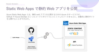 Empower Developers
Static Web Apps で静的 Web アプリを公開
Azure Static Web Apps とは、静的 web アプリを公開するための Azure のサービスです。
Github や Azur...