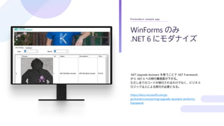 Premodern sample app
.NET Upgrade Assistant を使うことで .NET Framework
から .NET 6 への移行難易度が下がる。
ただし全てのコードが移行されるわけでなく、ビジネス
ロジックは人による移行が必要となる。
https://docs.microsoft.com/ja-
jp/dotnet/core/porting/upgrade-assistant-winforms-
framework
WinForms のみ
.NET 6 にモダナイズ
 