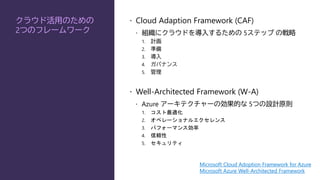 クラウド活用のための
2つのフレームワーク
 Cloud Adaption Framework (CAF)
 組織にクラウドを導入するための 5ステップ の戦略
1. 計画
2. 準備
3. 導入
4. ガバナンス
5. 管理
 Well-Architected Framework (W-A)
 Azure アーキテクチャーの効果的な 5つの設計原則
1. コスト最適化
2. オペレーショナルエクセレンス
3. パフォーマンス効率
4. 信頼性
5. セキュリティ
Microsoft Cloud Adoption Framework for Azure
Microsoft Azure Well-Architected Framework
 