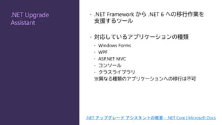 .NET Upgrade
Assistant
 .NET Framework から .NET 6 への移行作業を
支援するツール
 対応しているアプリケーションの種類
 Windows Forms
 WPF
 ASP.NET MVC
 コンソール
 クラスライブラリ
※異なる種類のアプリケーションへの移行は不可
.NET アップグレード アシスタントの概要 - .NET Core | Microsoft Docs
 