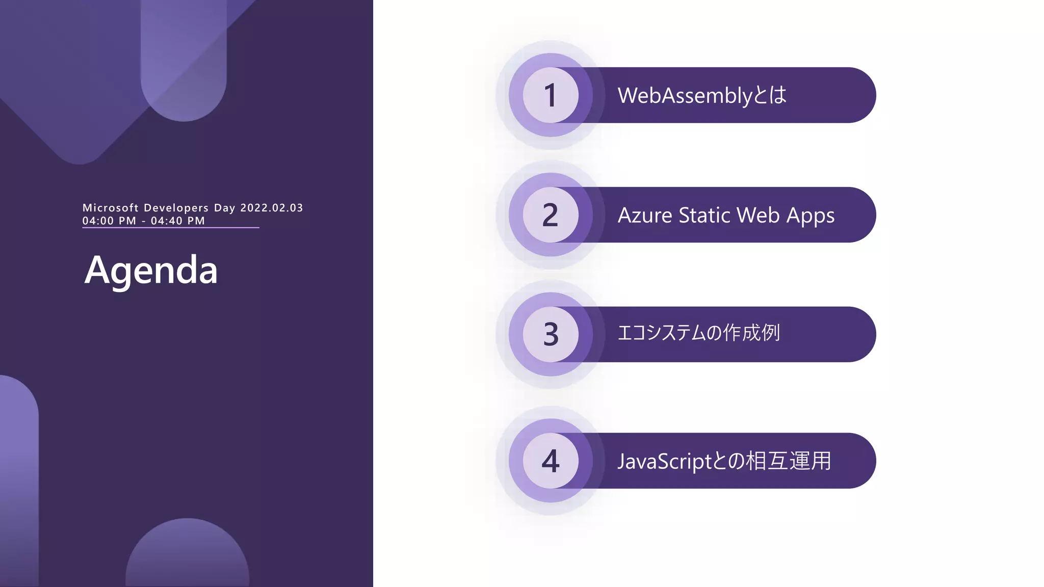 1
2
3
4
Agenda
Microsoft Developers Day 2022.02.03
04:00 PM - 04:40 PM
WebAssemblyとは
Azure Static Web Apps
エコシステムの作成例
JavaScriptとの相互運用
 