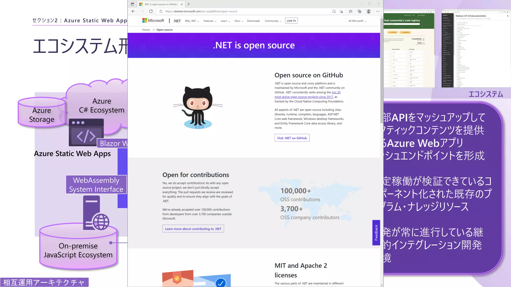 エコシステム
CD/CIレイヤー
エコシステム形成（仮想化）
セクション2 : Azure Static Web Apps
Azure
C# Ecosystem
Container
Rust Ecosystem
On-premise
JavaScript Ecosystem
WebAssembly
WebAssembly
System Interface
WebAssembly
Blazor WebAssembly
MongoDB
Azure
Storage
Azure Static Web Apps
相互運用アーキテクチャ
Node.js + Express
Web app
development environment
C#
Web mashup
development environment
Rust
Stable function & data
storage
外部APIをマッシュアップして
スタティックコンテンツを提供
するAzure Webアプリ
メッシュエンドポイントを形成
安定稼働が検証できているコ
ンポーネント化された既存のプ
ログラム・ナレッジリソース
開発が常に進行している継
続的インテグレーション開発
環境
 