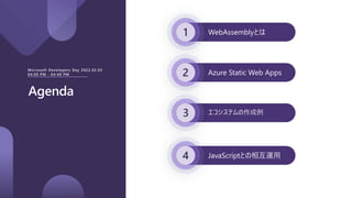 1
2
3
4
Agenda
Microsoft Developers Day 2022.02.03
04:00 PM - 04:40 PM
WebAssemblyとは
Azure Static Web Apps
エコシステムの作成例
JavaScriptとの相互運用
 