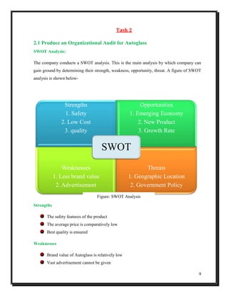 Task 2
2.1 Produce an Organizational Audit for Autoglass
SWOT Analysis:
The company conducts a SWOT analysis. This is the main analysis by which company can
gain ground by determining their strength, weakness, opportunity, threat. A figure of SWOT
analysis is shown below-

Strengths
1. Safety
2. Low Cost
3. quality

Opportunities
1. Emerging Economy
2. New Product
3. Growth Rate

SWOT
Weaknesses
1. Less brand value
2. Advertisement

Threats
1. Geographic Location
2. Government Policy

Figure: SWOT Analysis
Strengths
The safety features of the product
The average price is comparatively low
Best quality is ensured
Weaknesses
Brand value of Autoglass is relatively low
Vast advertisement cannot be given
9

 