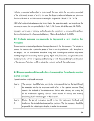 Utilizing economical and productive strategies all the team within the association are united
of the beliefs and arrange of activity decision that leads to coherent behavior and moreover
the diversification or modification of the strategies are possible (Herald, P. M., 2012).
CEO of a business is in characteristic for revolving the ideas into reality and conceiving the
assessment among the enterprise (Ralph, J, Park, S, McDonald, M, & Hayward, M., 2012).
Managers are in need of inspiring and influencing the workforces to implement the policies
that need initiation with efficacy and effectively (Martin, L, & Ballard, D., 2013).

4.2 Evaluate resource requirements to implement a new strategy for
Autoglass
To continue the process of production, business has to seek for the resources. The managers
arrange the resources for a particular period of time to run the production cycle. Autoglass in
this respect, has the solid human resources along with technological resources help them
building the glass with assuring the best quality. Apart from production, Autoglass utilizes its
manpower in the activity of repairing and replacing as well. Because of the proper utilization
of the resources Autoglass is able to attract the customer and grab the market share.

4.3 Discuss targets and timescales for achievement for Autoglass to monitor
a given strategy:
Evaluation of the benchmark outcomes:
Quarter

The company should be bring up with the strategies and find out the feasibility of

1

the strategies whether the strategies would reflect in the expected outcome. They
can take the feedback of the customers and find out what else they are looking for
in the windscreen repairing service. There should be weekly and monthly
monitoring by the line managers of the divisions.

Quarter

During the period Autoglass should review the customer’s feedback and

2

implement the desired plan to expand the business. The line managers should be
responsible for collecting the feedbacks and acting towards it.
18

 