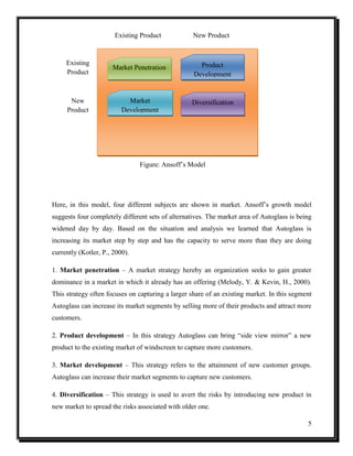 Existing Product

New Product

Existing
Product

Market Penetration

Product
Development

New
Product

Market
Development

Diversification

Figure: Ansoff’s Model

Here, in this model, four different subjects are shown in market. Ansoff’s growth model
suggests four completely different sets of alternatives. The market area of Autoglass is being
widened day by day. Based on the situation and analysis we learned that Autoglass is
increasing its market step by step and has the capacity to serve more than they are doing
currently (Kotler, P., 2000).
1. Market penetration – A market strategy hereby an organization seeks to gain greater
dominance in a market in which it already has an offering (Melody, Y. & Kevin, H., 2000).
This strategy often focuses on capturing a larger share of an existing market. In this segment
Autoglass can increase its market segments by selling more of their products and attract more
customers.
2. Product development – In this strategy Autoglass can bring “side view mirror” a new
product to the existing market of windscreen to capture more customers.
3. Market development – This strategy refers to the attainment of new customer groups.
Autoglass can increase their market segments to capture new customers.
4. Diversification – This strategy is used to avert the risks by introducing new product in
new market to spread the risks associated with older one.
5

 
