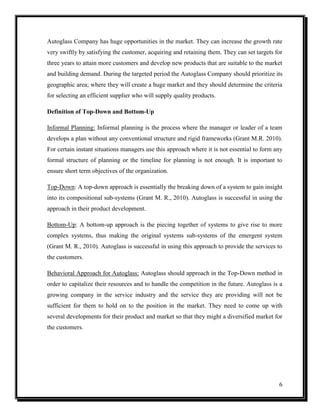 Autoglass Company has huge opportunities in the market. They can increase the growth rate
very swiftly by satisfying the customer, acquiring and retaining them. They can set targets for
three years to attain more customers and develop new products that are suitable to the market
and building demand. During the targeted period the Autoglass Company should prioritize its
geographic area; where they will create a huge market and they should determine the criteria
for selecting an efficient supplier who will supply quality products.
Definition of Top-Down and Bottom-Up
Informal Planning: Informal planning is the process where the manager or leader of a team
develops a plan without any conventional structure and rigid frameworks (Grant M.R. 2010).
For certain instant situations managers use this approach where it is not essential to form any
formal structure of planning or the timeline for planning is not enough. It is important to
ensure short term objectives of the organization.
Top-Down: A top-down approach is essentially the breaking down of a system to gain insight
into its compositional sub-systems (Grant M. R., 2010). Autoglass is successful in using the
approach in their product development.
Bottom-Up: A bottom-up approach is the piecing together of systems to give rise to more
complex systems, thus making the original systems sub-systems of the emergent system
(Grant M. R., 2010). Autoglass is successful in using this approach to provide the services to
the customers.
Behavioral Approach for Autoglass: Autoglass should approach in the Top-Down method in
order to capitalize their resources and to handle the competition in the future. Autoglass is a
growing company in the service industry and the service they are providing will not be
sufficient for them to hold on to the position in the market. They need to come up with
several developments for their product and market so that they might a diversified market for
the customers.

6

 