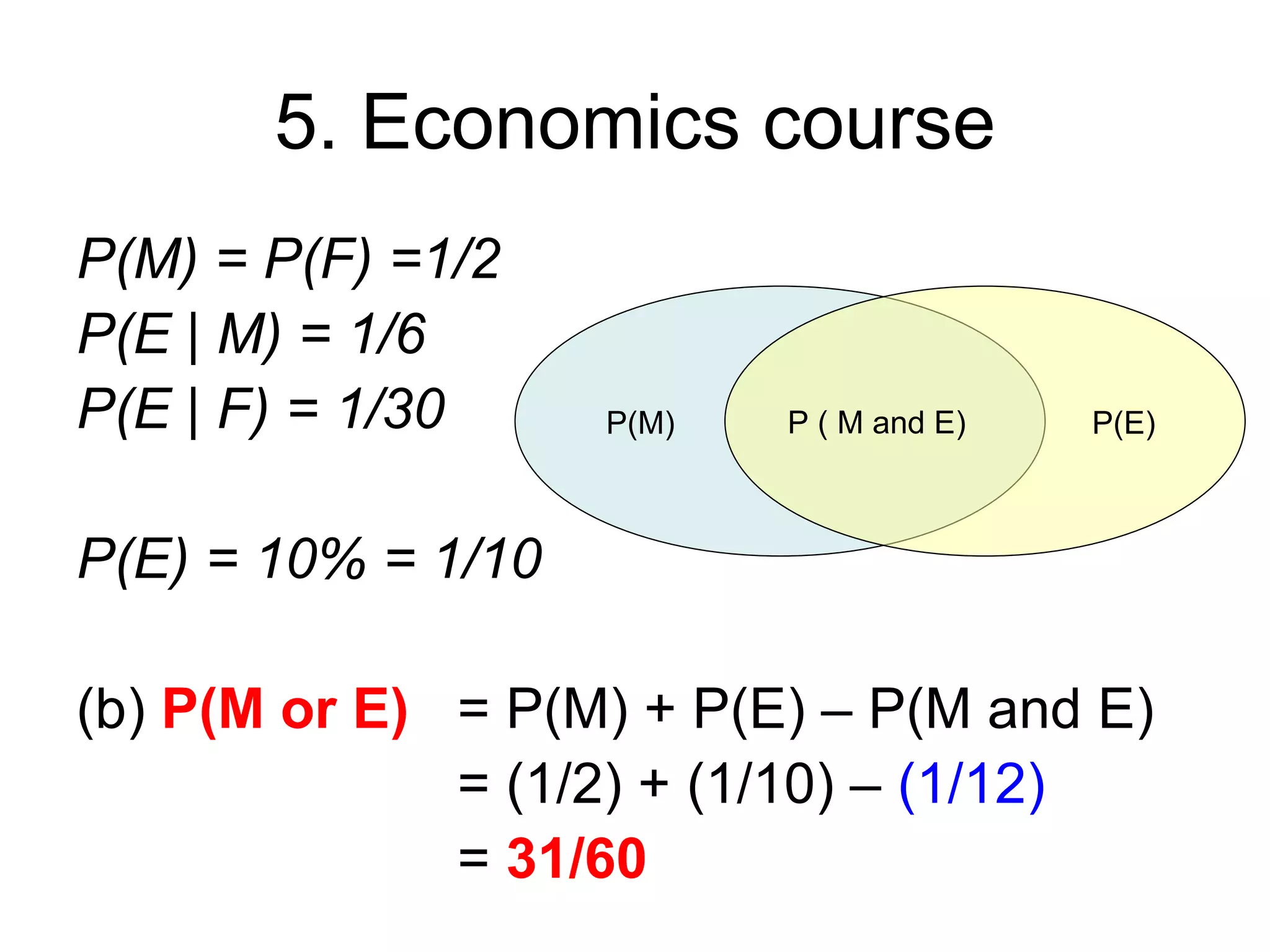 5. Economics course
P(M) = P(F) =1/2
P(E | M) = 1/6
P(E | F) = 1/30     P(M)   P ( M and E)   P(E)



P(E) = 10% = 1/10

(b) P(M or E) = P(M) + P(E) – P(M and E)
              = (1/2) + (1/10) – (1/12)
              = 31/60
 