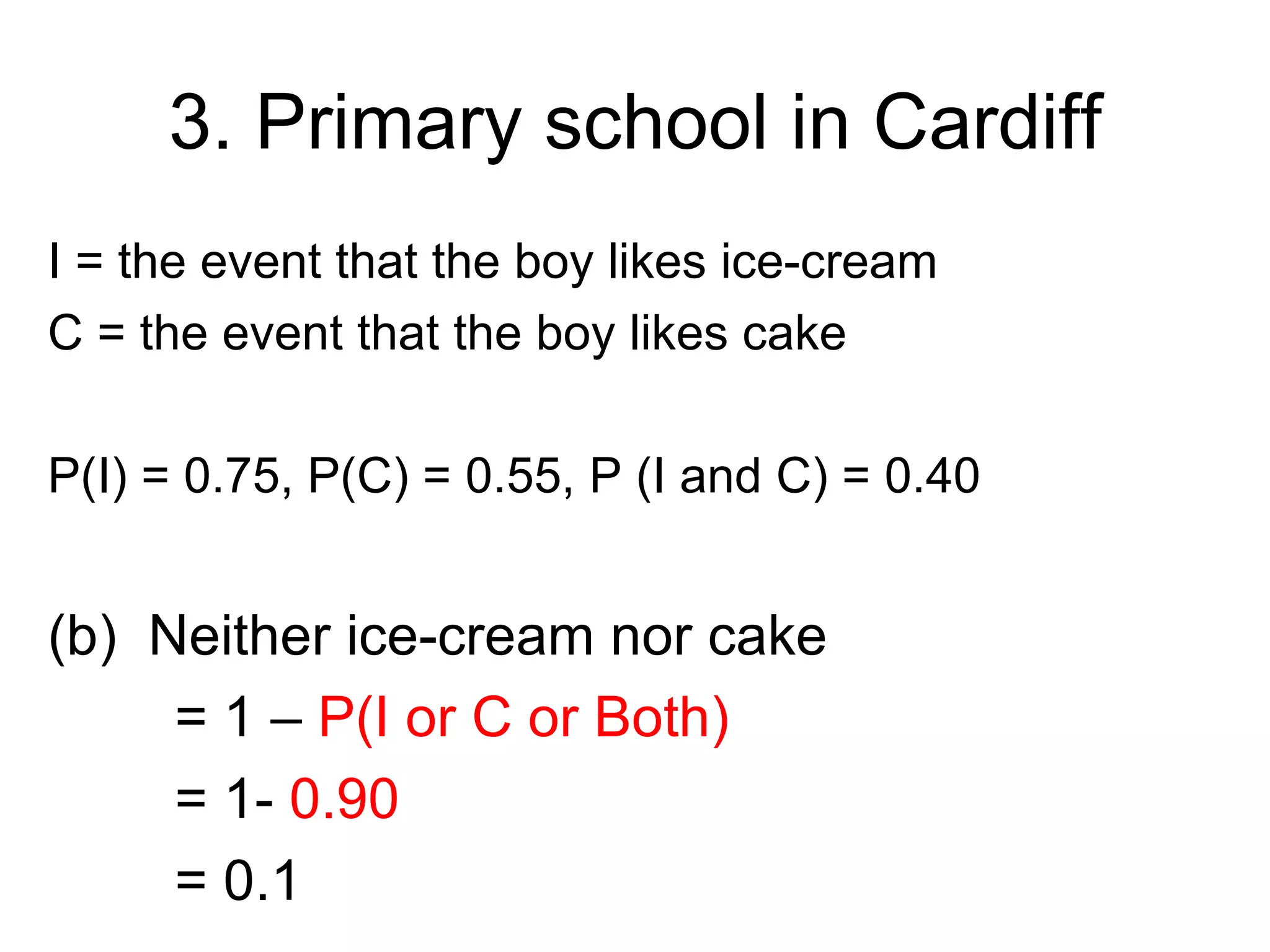 3. Primary school in Cardiff
I = the event that the boy likes ice-cream
C = the event that the boy likes cake

P(I) = 0.75, P(C) = 0.55, P (I and C) = 0.40


(b) Neither ice-cream nor cake
     = 1 – P(I or C or Both)
     = 1- 0.90
     = 0.1
 