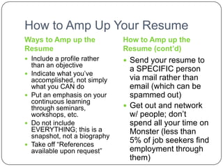 How to Amp Up Your ResumeWays to Amp up the ResumeHow to Amp up the Resume (cont’d) Include a profile rather than an objective Indicate what you’ve accomplished, not simply what you CAN do Put an emphasis on your continuous learning through seminars, workshops, etc. Do not include EVERYTHING; this is a snapshot, not a biography Take off “References available upon request” Send your resume to a SPECIFIC person via mail rather than email (which can be spammed out) Get out and network w/ people; don’t spend all your time on Monster (less than 5% of job seekers find employment through them) 