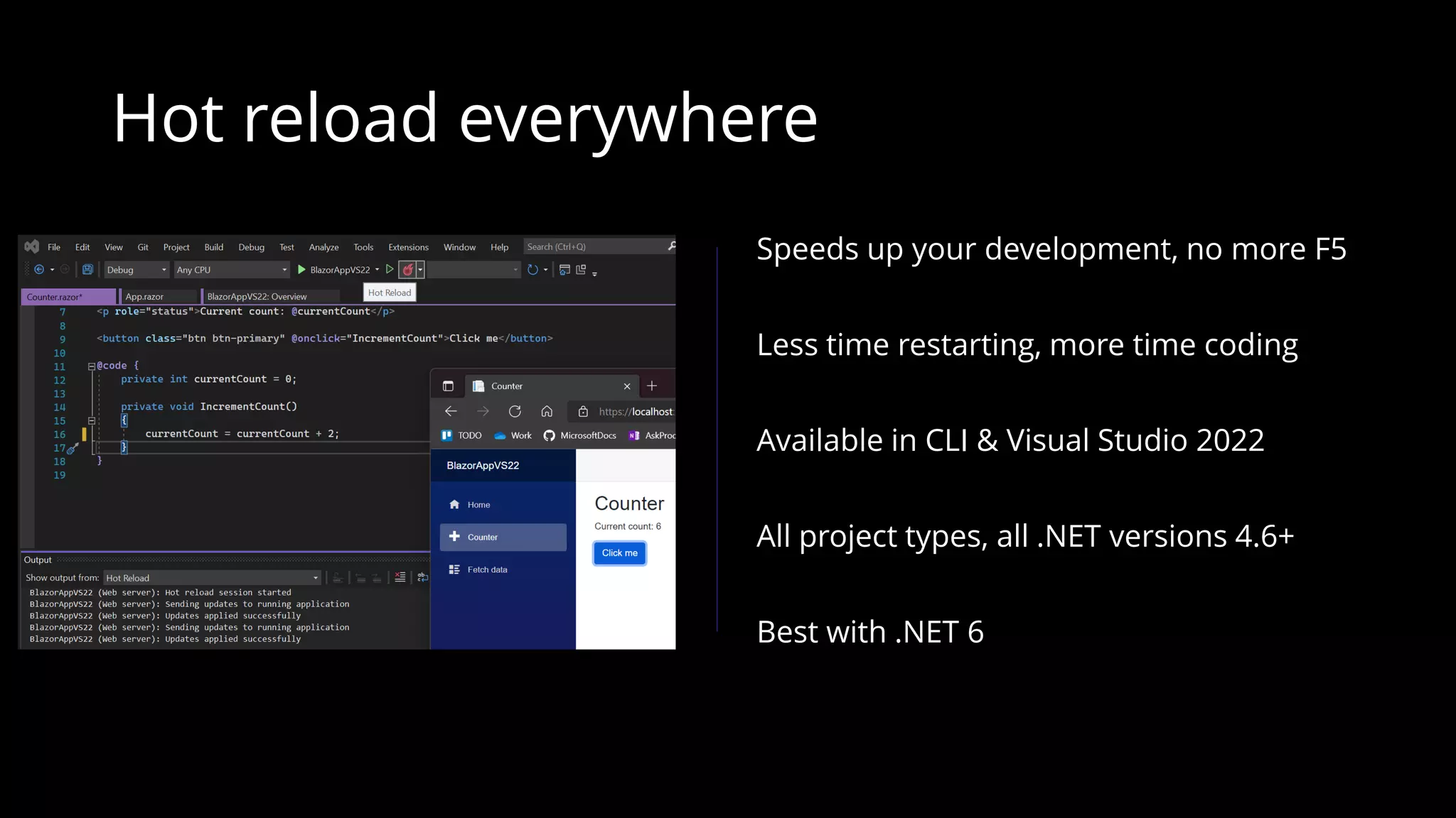 Hot reload everywhere
Speeds up your development, no more F5
Less time restarting, more time coding
Available in CLI & Visual Studio 2022
All project types, all .NET versions 4.6+
Best with .NET 6
 