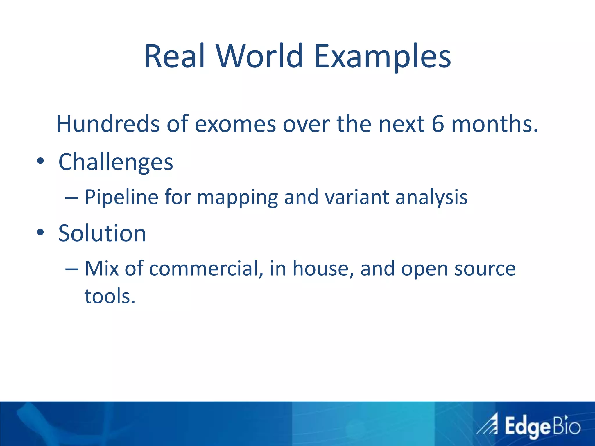Sometimes money isn’t enoughTraditional Infrastructure or New Era CloudsStill costs, whether up front or on back endAlways want to minimize costFrameworks and Algorithms R&DNGS Software and Algorithmscloud(Bio-Linux)HadoopChef