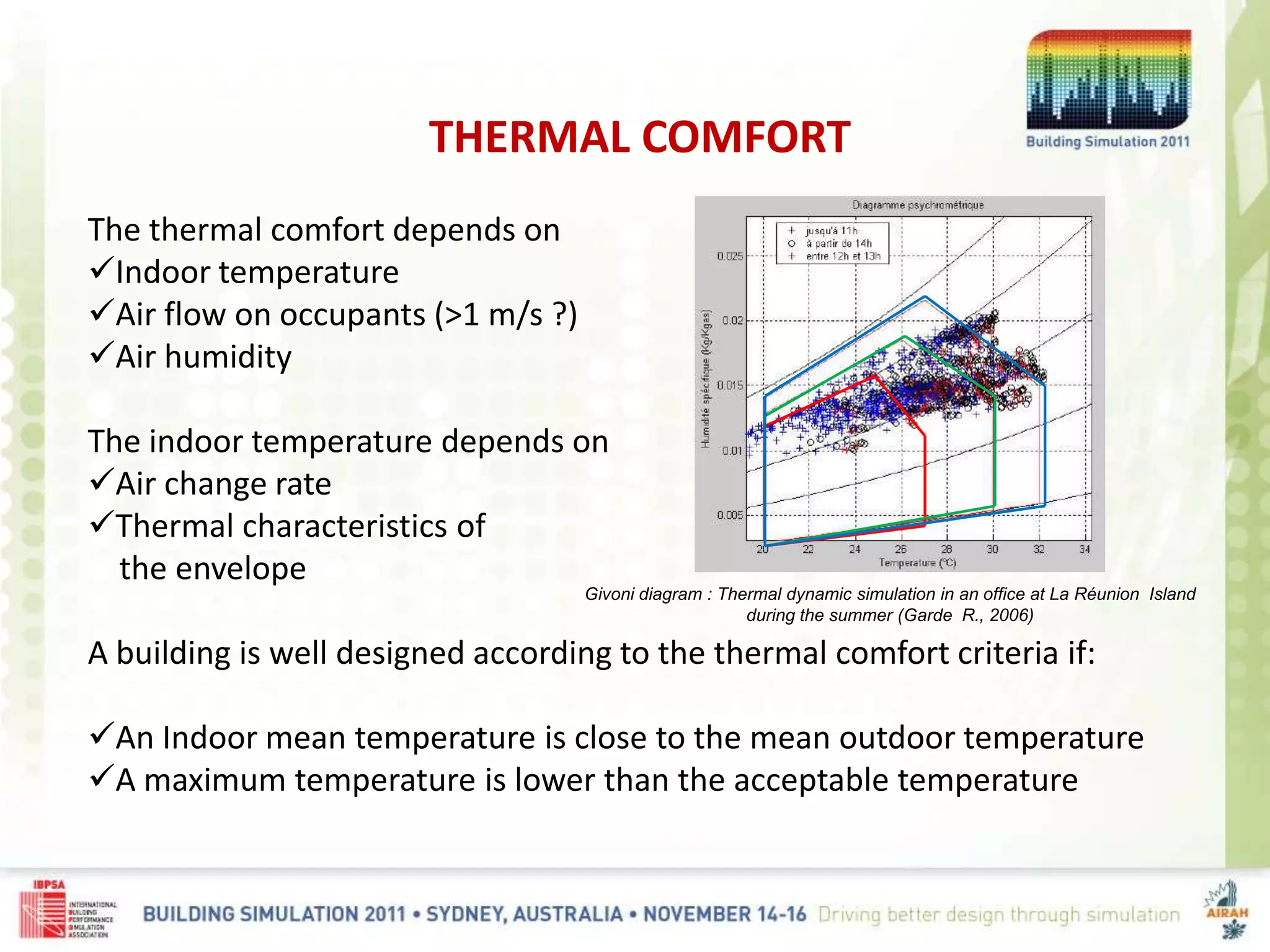 THERMAL COMFORT
The thermal comfort depends on
Indoor temperature
Air flow on occupants (>1 m/s ?)
Air humidity
The indoor temperature depends on
Air change rate
Thermal characteristics of
the envelope
A building is well designed according to the thermal comfort criteria if:
An Indoor mean temperature is close to the mean outdoor temperature
A maximum temperature is lower than the acceptable temperature
Givoni diagram : Thermal dynamic simulation in an office at La Réunion Island
during the summer (Garde R., 2006)